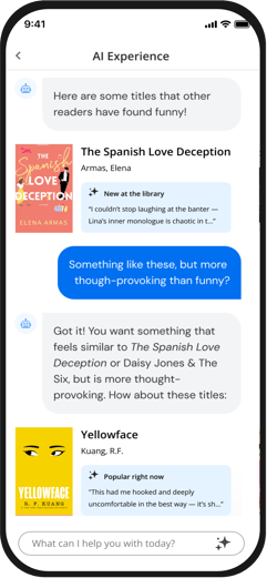 A graphic rendering of what the in-app AI chat experience could look like with BiblioCommons. The first message suggests titles that other readers have found funny and displays the cover art and title.