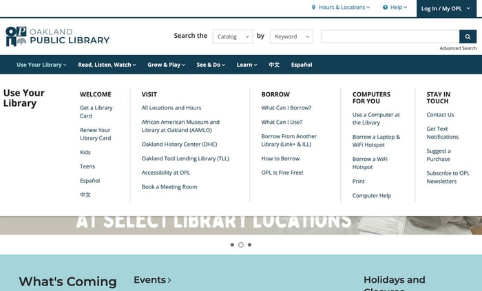 Screen capture of Oakland Public Library's Website Navigation