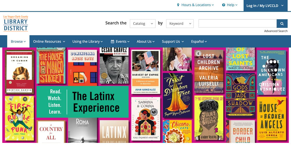 Las Vegas Clark-County Library District Latinx audience page with colorful book jacket covers.