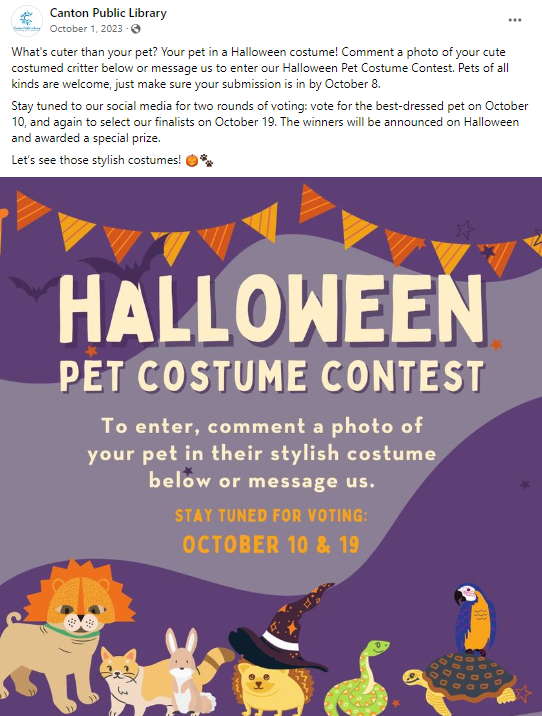 Screenshot of Canton Public Library's Halloween Pet Costume Contest