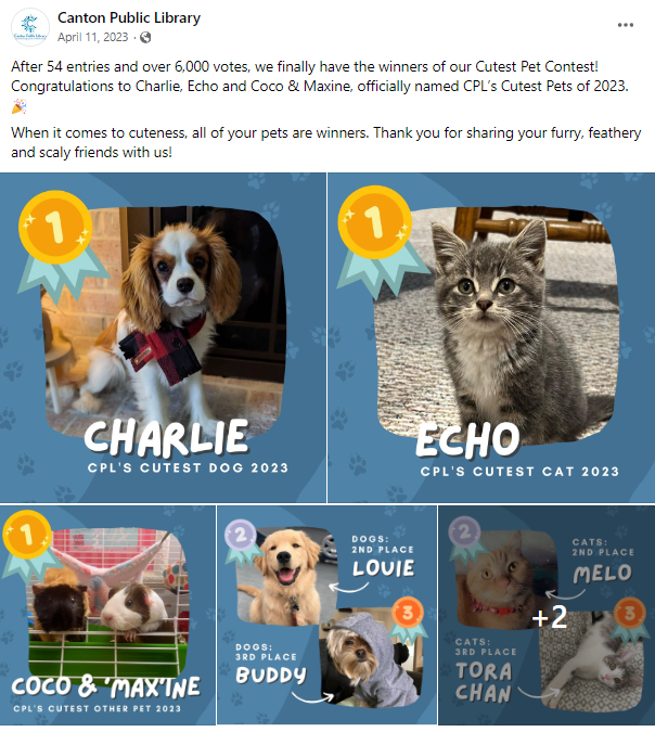 Screenshot of Canton Public Library promoting the results of its Cutest Pet contest on Facebook