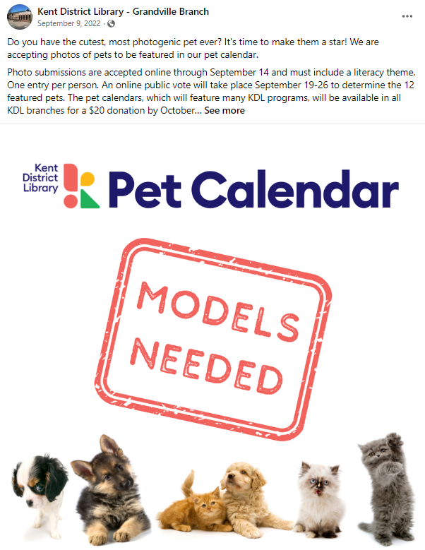 Screenshot of Kent District Library's Facebook campaign promoting its Pet Calendar contest.