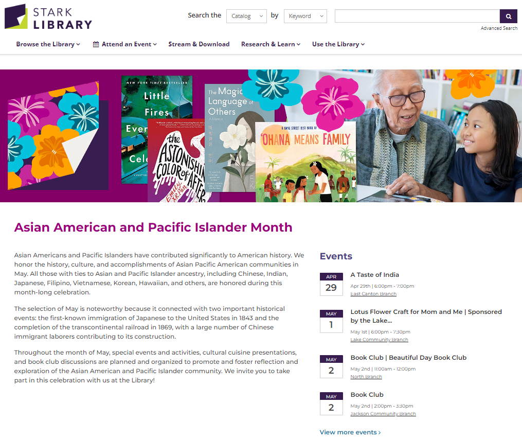 Screenshot of Stark Librarys Asian American and Pacific Islander Month Landing Page