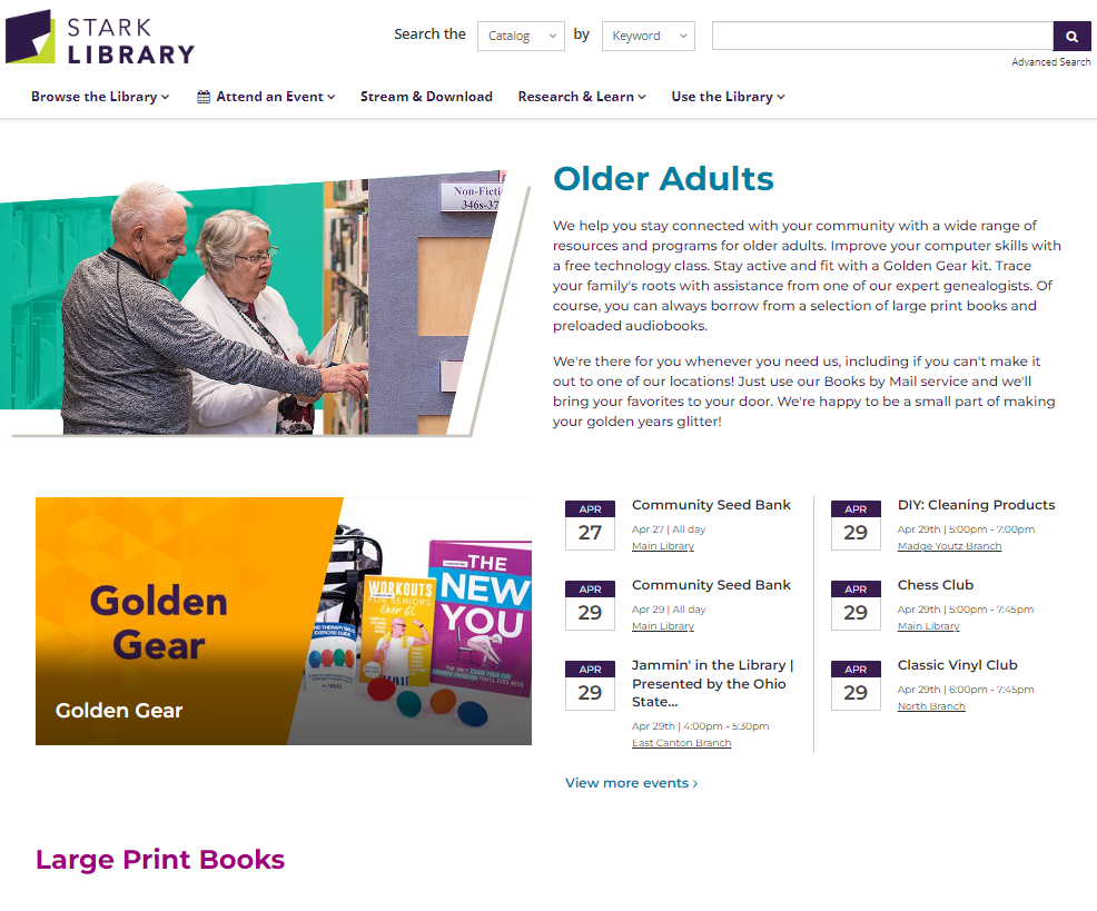 Screenshot of Stark Librarys Landing Page for Older Adults Over the Age of 65