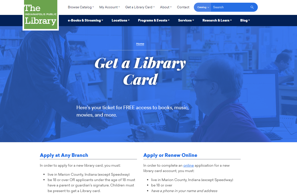 Screenshot of Indianapolis Public Librarys Card Registration Page